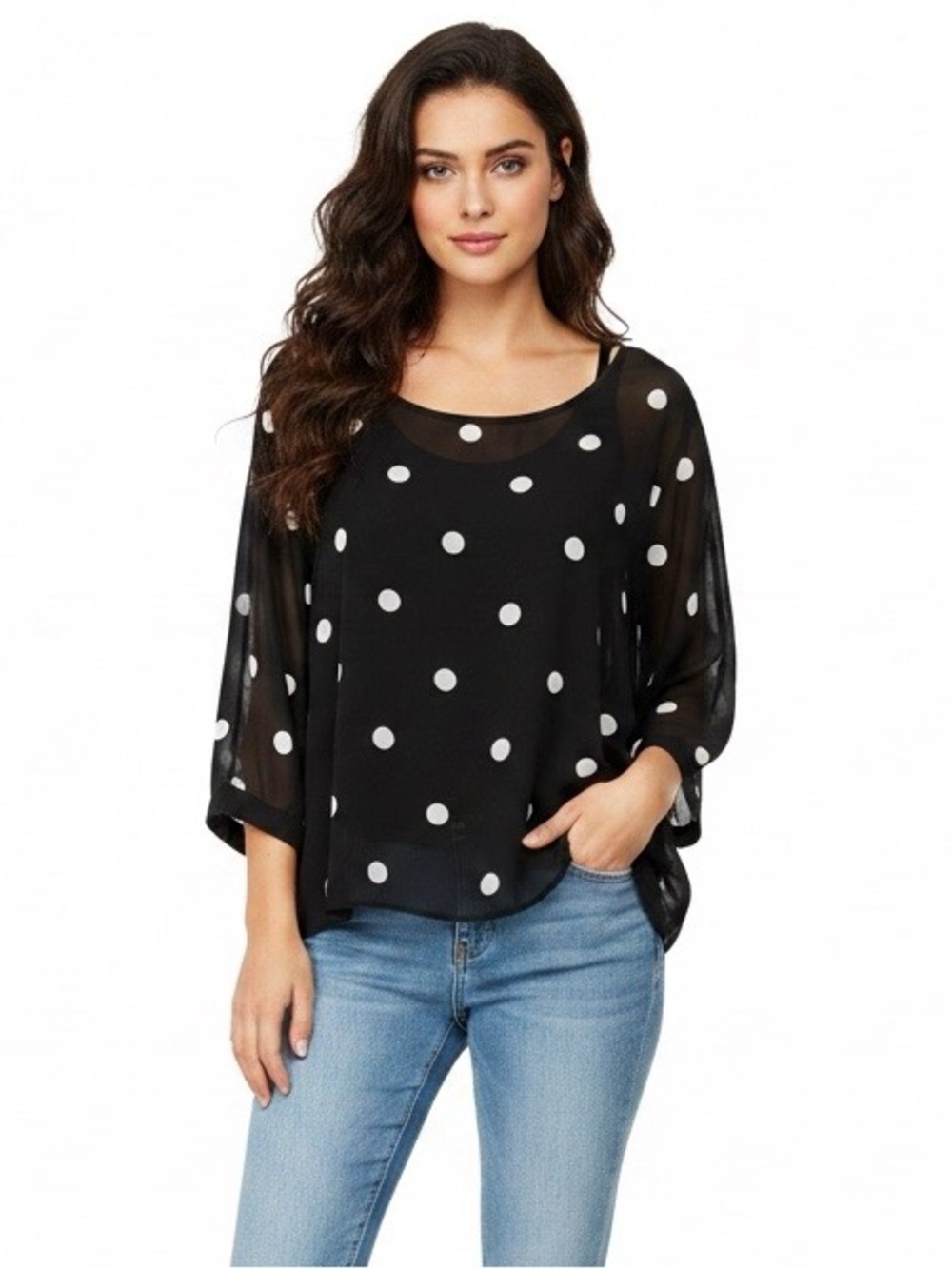 Divided H&M black white polka dot sheer blouse size 14 round neck long sleeve